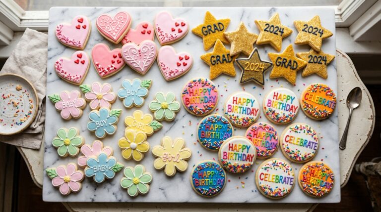 Assorted decorated celebration cookies for every occasion on marble