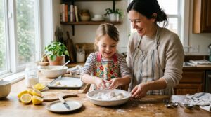 Child rolling lemon cookie dough balls in powdered sugar with parent