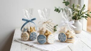 Decorated celebration cookies packaged in cellophane bags as gifts