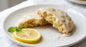 Lemon cookie broken in half showing soft chewy interior with lemon zest