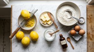 Lemon cookie ingredients with fresh lemons zest butter and sugar