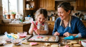 Parent and child decorating heart shaped celebration cookies together