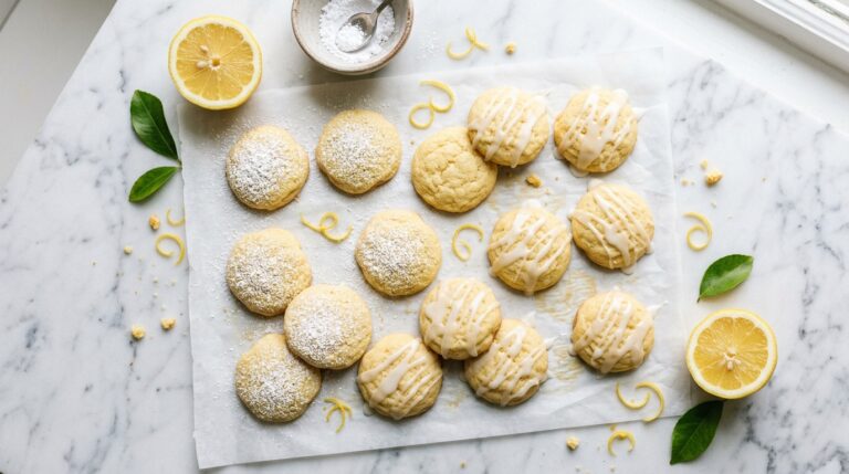 Soft lemon cookies with powdered sugar and glaze on white parchment