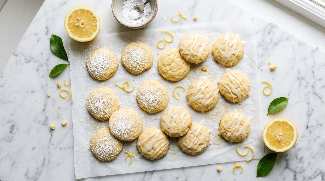 Soft lemon cookies with powdered sugar and glaze on white parchment