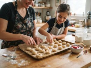 Child making guava thumbprint cookies