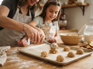 Child scooping apple cider cookie dough