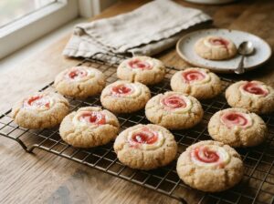 Guava thumbprint cookies on cooling rack