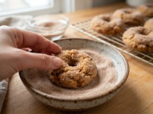 Rolling apple cider cookies in cinnamon sugar